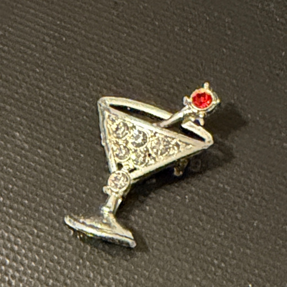 Elegant Silver Cocktail Glass Brooch with Red Gem